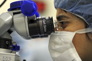 Doctor reviewing with microscope
